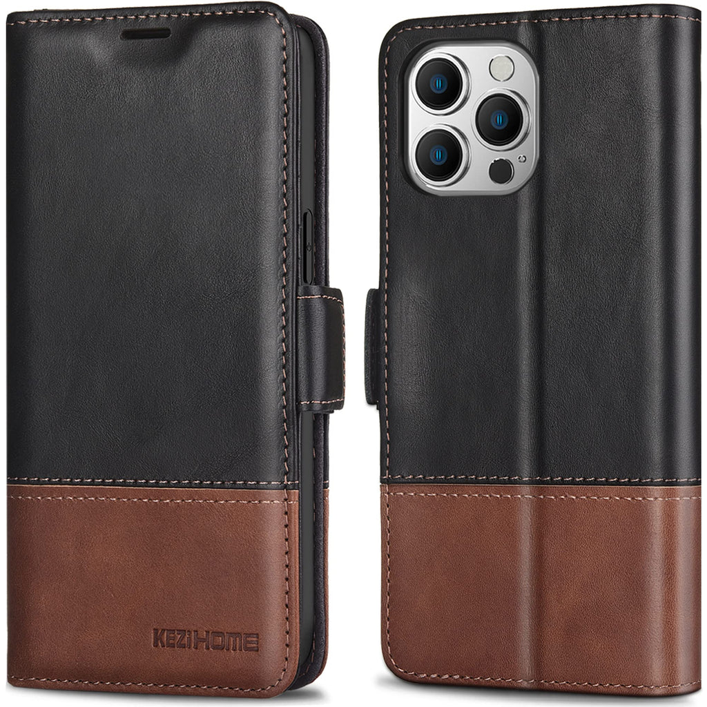  [AUSTRALIA] - KEZiHOME iPhone 14 Pro Max Case, Genuine Leather [RFID Blocking] iPhone 14 pro max Wallet Case Card Slot Flip Magnetic Stand Phone Cover Case Compatible with iPhone 14 pro max 5G 2022 - Black/Brown