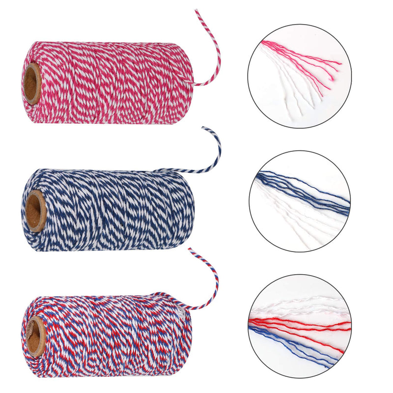  [AUSTRALIA] - Maosifang Cotton Twine Cord String 2 mm Bakers Candy Rope Ribbon Twine for Gift Wrapping Arts Crafts Christmas Party Decorations 984 Feet,3 Rolls Multicolor B