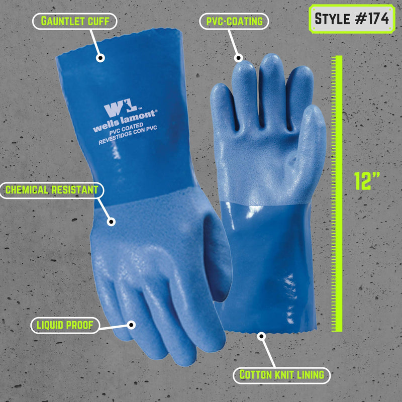  [AUSTRALIA] - Wells Lamont Heavy Duty PVC Coated Work Gloves | Liquid/Chemical, Abrasion & Cut Resistant, Waterproof | Versatile, Flexible, Durable | Cotton Lining, Large (174L) , 12 inch Cuff , Blue