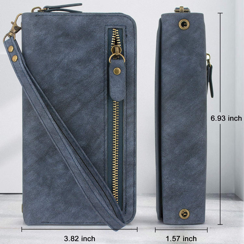  [AUSTRALIA] - Lacass Compatible with iPhone 13 Pro Max 6.7 inch 2021 Crossbody Chain Dual Zipper Detachable Magnetic Leather Wallet Case Cover Wristlets Wrist Strap 13 Card Slots Money Pocket (Blue) Blue