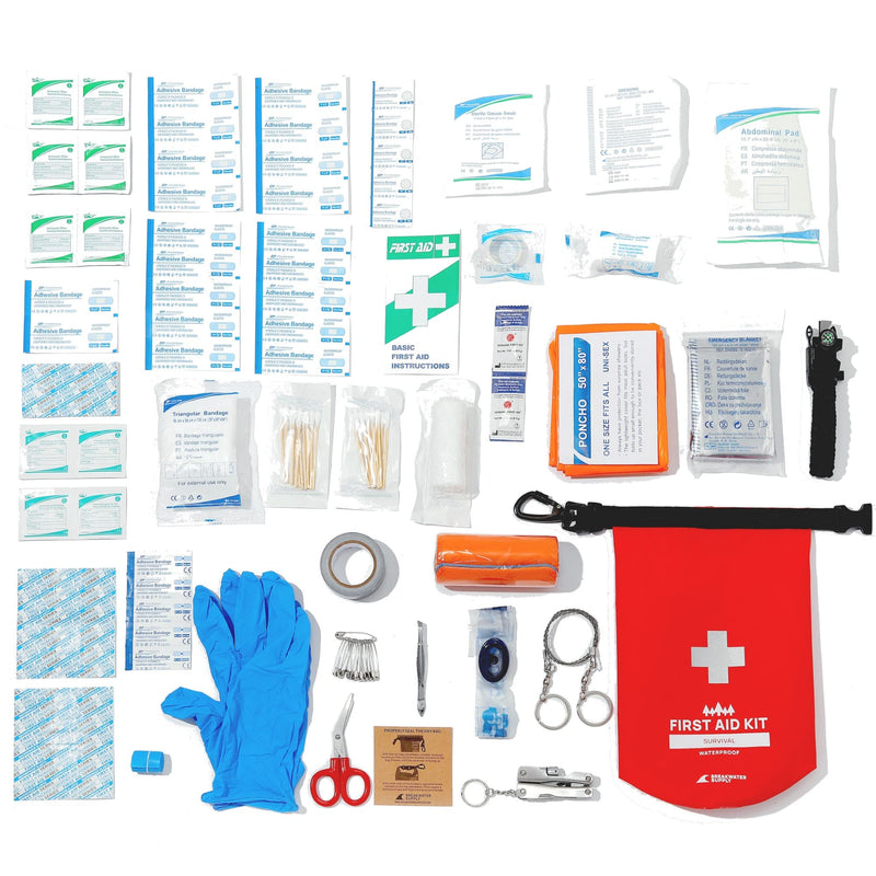  [AUSTRALIA] - Breakwater Supply™ First Aid Kit Survival Emergency Kit, Waterproof, 101 Piece Personal Bug Out Bag + Emergency Supplies for Camping, Hiking, Boating, Fishing, Backpacking in Dry Bag with Splint First Aid Survival Kit (Red)
