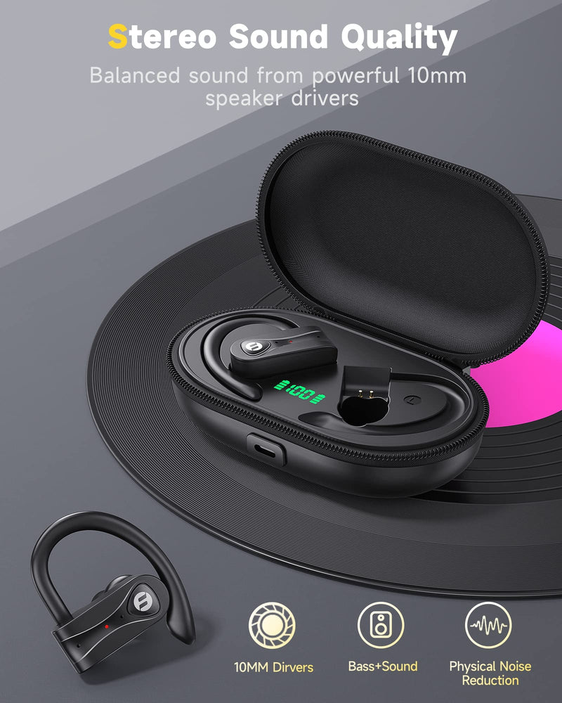  [AUSTRALIA] - Bluetooth Headphones Noise Canceling 4 Mics Clear Call Stereo Bass Sound 60H Playtime Wireless Charging Case Over Ear Earphones LED Digital Display Headset with Earhooks for Sports Running Workout Gym Black