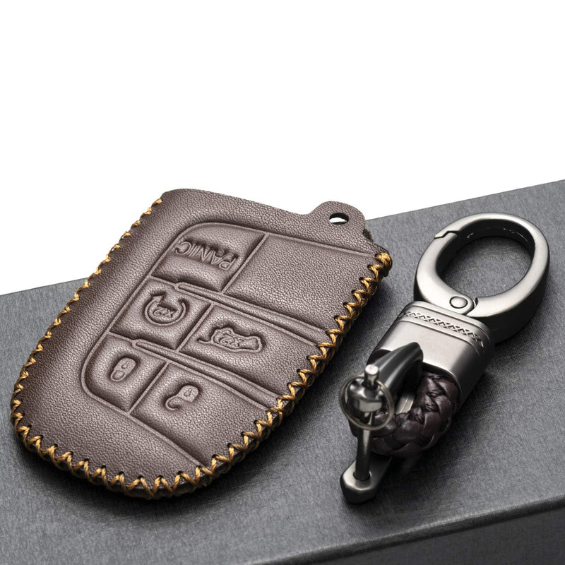  [AUSTRALIA] - Vitodeco Genuine Leather Smart Key Keyless Remote Entry Fob Case Cover with Key Chain for Jeep, Dodge, Chrysler (5 Buttons, Brown) 5 Buttons