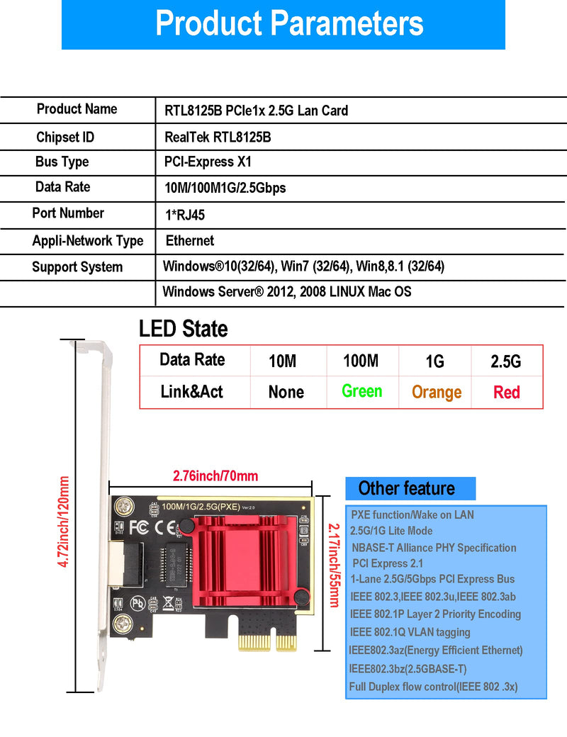  [AUSTRALIA] - 2.5Gb Network Card PCIe Ethernet Card RTL8125 NIC Wake on LAN Flow Control for Windows10/8/7(32/64) Windows Server 2012/2008 Linux Mac with Low Profile Bracket. Single Port