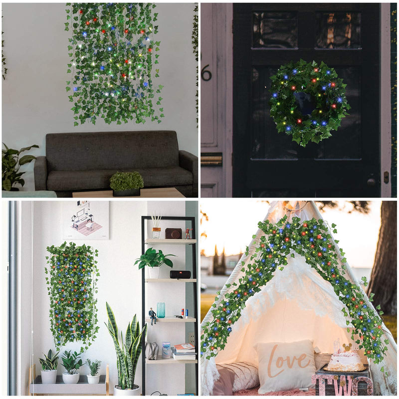  [AUSTRALIA] - BOMAROLAN 12 Strands/Total 84 Feet, Artificial Ivy Garland Green Leaf, Vine Hanging Plants Fake Foliage, with 100 LED String Light 32 Feet, for Home Kitchen Garden Office Wedding Wall Decor, Green Colorful