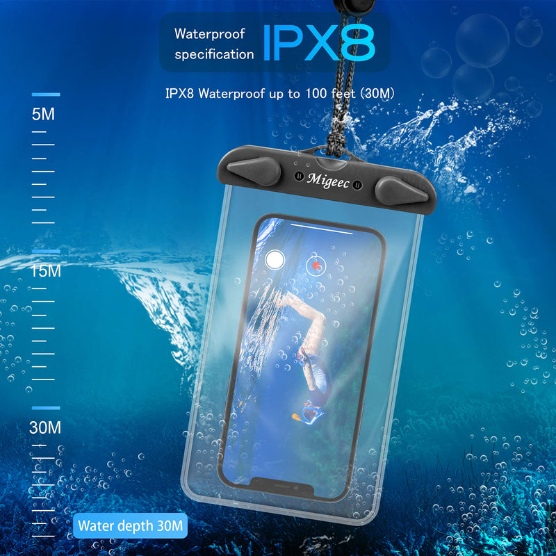  [AUSTRALIA] - Migeec Waterproof Phone Case (2 Packs) IPX8 Waterproof Phone Pouch Dry Bag Waterproof Bag for Beach Kayaking Travel Compatible with iPhone Android Device up to 6.9" (Black) Black+Black