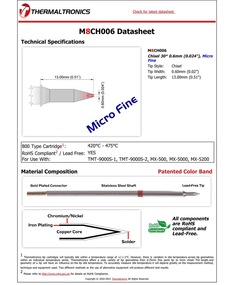  [AUSTRALIA] - Thermaltronics M8CH006 Chisel 30deg 0.6mm (0.024in), Micro Fine