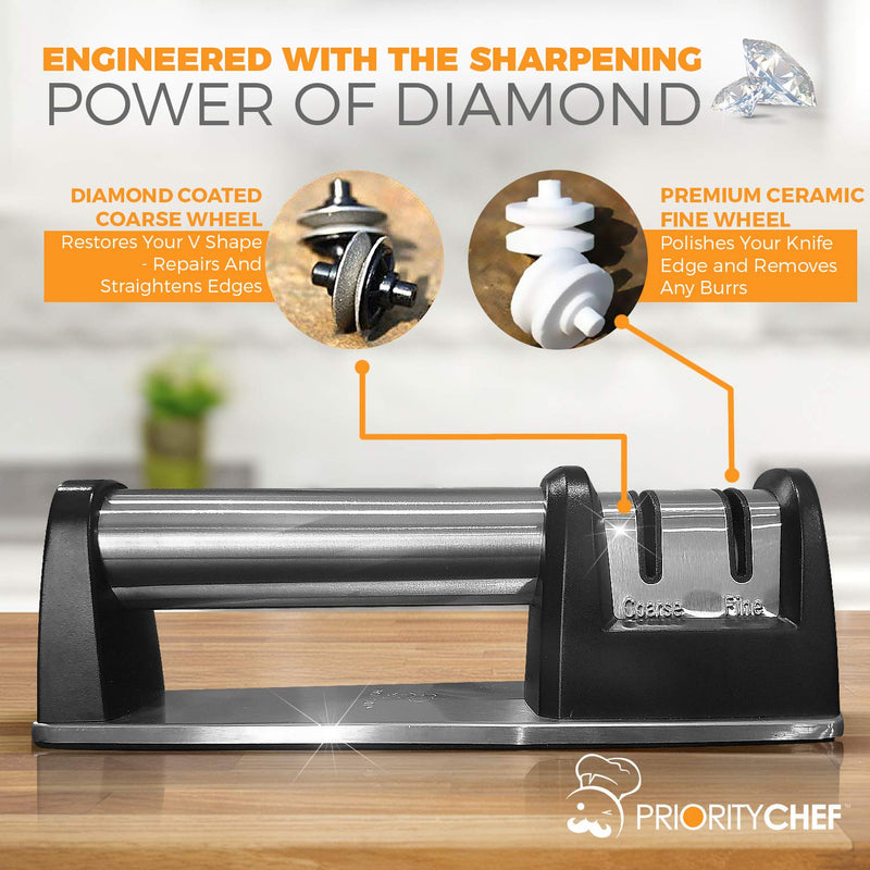  [AUSTRALIA] - PriorityChef Knife Sharpener for Straight and Serrated Knives, 2-Stage Diamond Coated Wheel System, Sharpens Dull Knives Quickly, Safe and Easy to Use