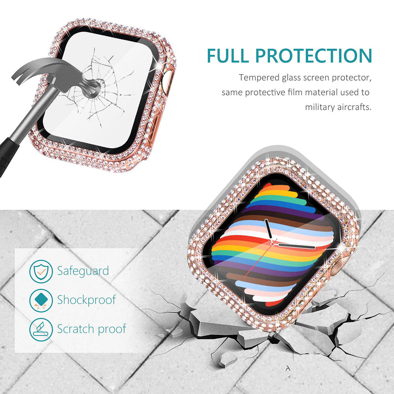  [AUSTRALIA] - Surace Compatible with Apple Watch Case 38mm with Screen Protector for Apple Watch Series 6/5/4/3/2/1, Bling Case 300 Crystal Diamond Tempered Glass Protective Cover for 38mm 40mm 42mm 44mm, Rose Gold (Rose Gold, with Tempered Glass Screen Protector)