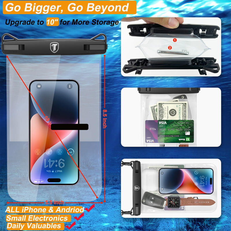  [AUSTRALIA] - Takfox Extra Large Waterproof Phone Pouch Bag Case for Samsung Galaxy S23 Ultra S22 Plus S21 Note 20 A03S A14 A02S A13 iPhone 14 13 Pro Max, [Up to 10"] [2-Pack] IPX8 Vacation Cellphone Dry Bag-Clear Clear(2 Pack)