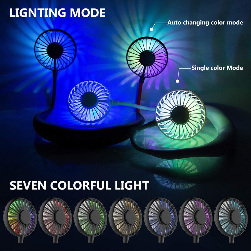  [AUSTRALIA] - Hands Free Portable Neck Fan - Rechargeable Mini USB Personal Fan Battery Operated with 3 Level Air Flow, 7 LED lights for Home Office Travel Indoor Outdoor (Black) Black