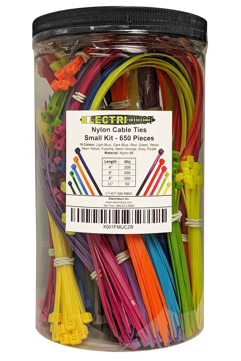  [AUSTRALIA] - Electriduct Nylon Cable Tie Kit - 650 Zip Ties - Multi Color (Blue, Red, Green, Yellow, Fuchsia, Orange, Gray, Purple) - Assorted Lengths 4", 6", 8", 11" 650 Pieces 10 Colors