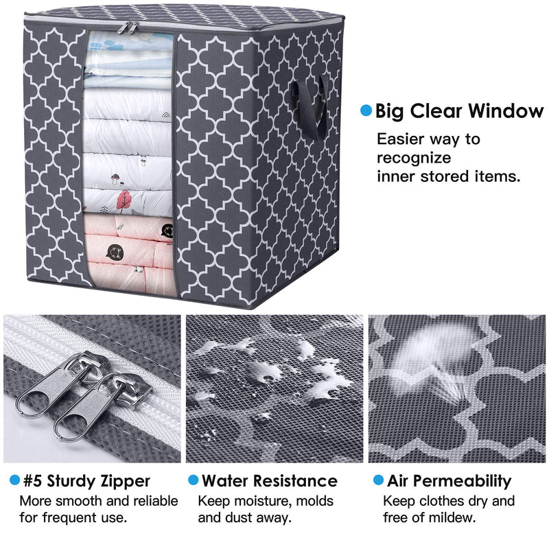  [AUSTRALIA] - WISELIFE Storage Bags 100L 3-Pack Large Blanket Clothes Organization and Storage Containers for Comforters,Bedding, Foldable Organizer with Reinforced Handle, Clear Window, Sturdy Zippers,Gray Aesthetic Pattern- Grey