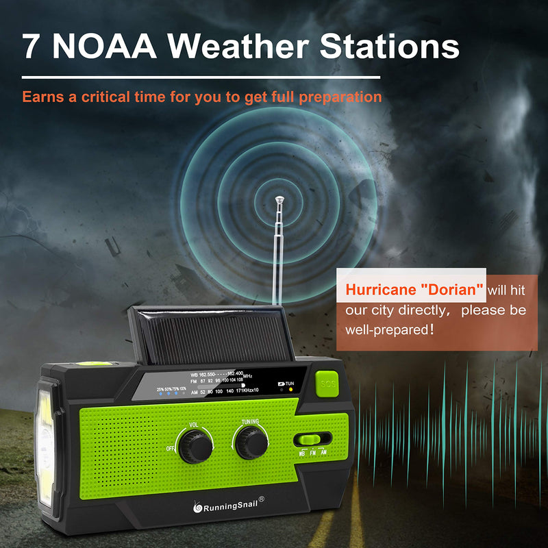 【2021 Newest】RunningSnail Emergency Crank Radio，4000mAh-Solar Hand Crank Portable AM/FM/NOAA Weather Radio with 1W Flashlight&Motion Sensor Reading Lamp，Cell Phone Charger, SOS for Home and Emergency Green - LeoForward Australia