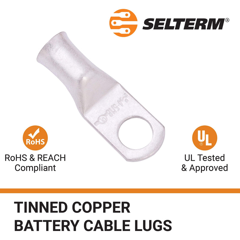  [AUSTRALIA] - SELTERM 4 AWG 5/16" Stud (10 pcs) UL Marine Grade Battery Terminal Connectors Tinned Copper Battery Cable Lugs 4 Gauge Wire Connectors Electrical Battery Cable Ends Ring Terminals Tinned Copper Lugs 4 Awg - 5/16" (M8) Ring Pack of 10 pcs.