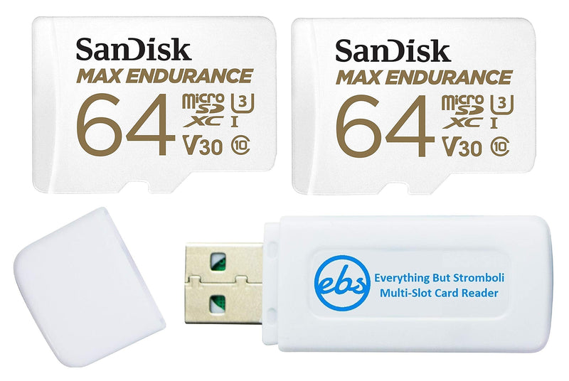  [AUSTRALIA] - SanDisk MAX Endurance 64GB TF Card MicroSDXC (2 Pack) Memory Card for Dash Cams & Home Security System Video Cameras (SDSQQVR-064G-GN6IA) Bundle with (1) Everything But Stromboli MicroSD Card Reader