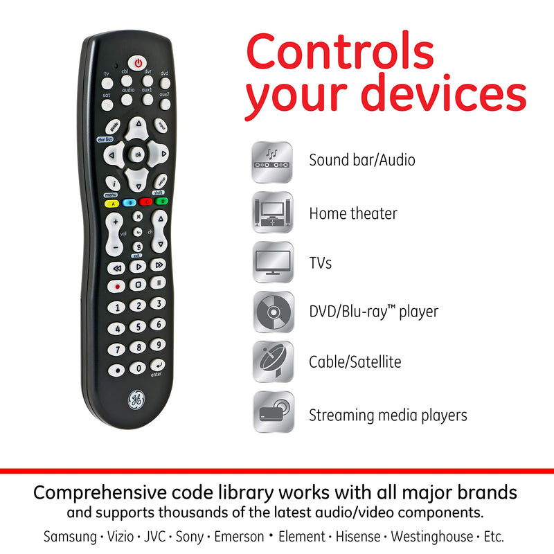 GE Universal Remote Control for Samsung, Vizio, Lg, Sony, Sharp, Roku, Apple TV, TCL, Panasonic, Smart TVs, Streaming Players, Blu-Ray, DVD, Simple Setup, 8-Device, Black, 33715 - LeoForward Australia