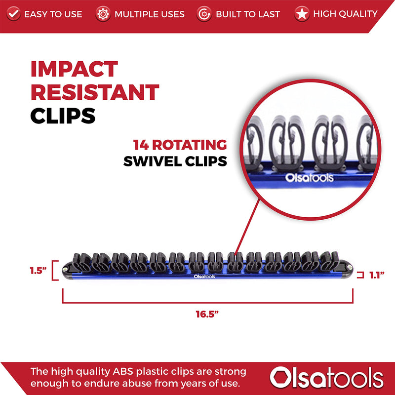  [AUSTRALIA] - Olsa Tools Wall Mount Wrench Organizer with Rotating Clips | Blue Anodized Aluminum + Black Clips | Premium Quality Wrench Holder | 14 Wrenches Fit Rack Blue Aluminum + Black Clips