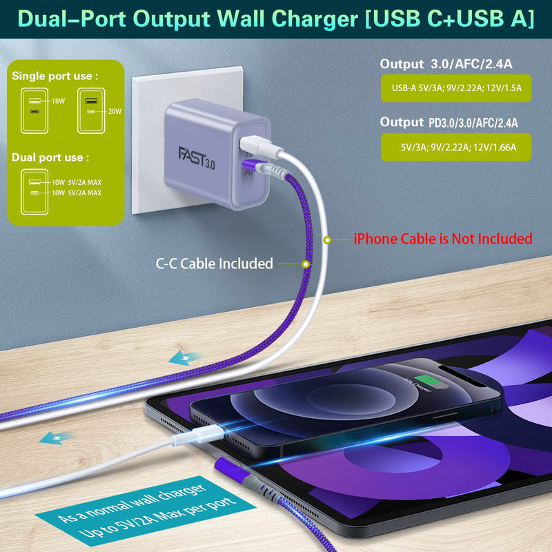  [AUSTRALIA] - USB C Wall Charger with C to C Cable 10FT, Ancekoy 2-Pack 20W Fast Charge 3.0 Block 3A USBC to USB C Power Charger Cord Compatible Samsung Galaxy A53 5G A73 A33 A13 S22 Ultra S21 S20, Google Pixel Purple