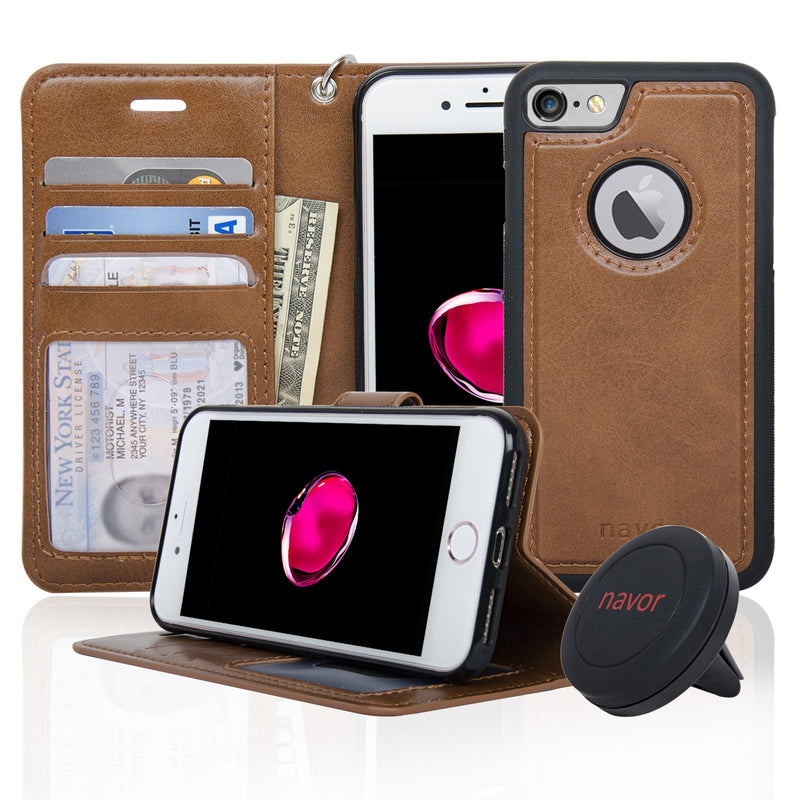  [AUSTRALIA] - Navor Detachable Magnetic Wallet Case & Universal Car Mount Compatible for iPhone 7 & 8 [RFID Theft Protection] JOOT-1L Series - Brown Brown for iPhone 7 & 8 (4.7") - CHOOSE CORRECT SIZE/MODEL