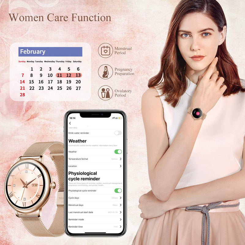  [AUSTRALIA] - BOZLUN Smart Watch for Women Fitness Tracker with Female Cycle Management Heart Rate Monitor Blood Pressure Monitor Sleep Monitor IP67 Waterproof Smart Watches for Android and iOS Phones（Gold）