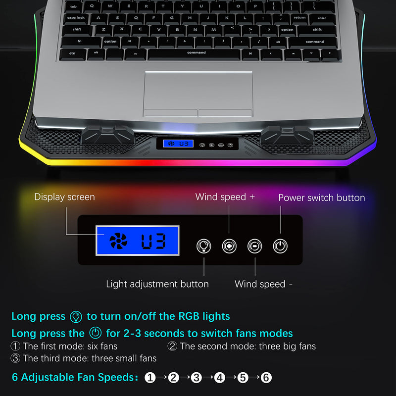  [AUSTRALIA] - TopMate C12 Laptop Cooling Pad RGB Gaming Notebook Cooler for Desk and Lap Use, Laptop Fan Stand 8 Adjustable Heights with 6 Quiet Fans and Phone Holder, for 15.6-17.3 Inch Laptops - Purple LED Light