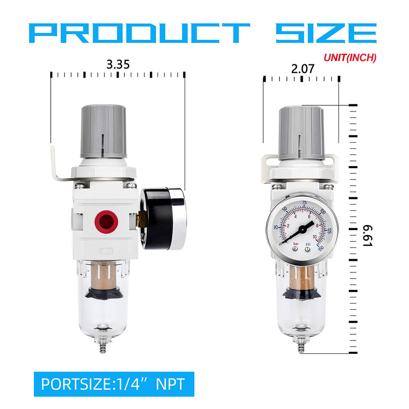  [AUSTRALIA] - NANPU 1/4" NPT Compressed Air Filter Regulator Combo Piggyback, 5 Micron Brass Element, Poly Bowl, Semi-Auto Drain, Metal Bracket, 0-150 psi Gauge