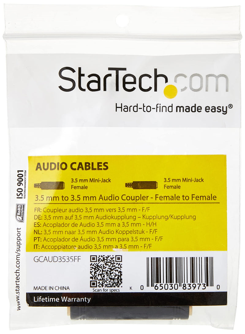  [AUSTRALIA] - StarTech.com 3.5mm Female to Female Coupler - 3.5mm Audio Coupler - Gold Plated Connectors - Female/Female - Aux Cord Adapter (GCAUD3535FF),Black