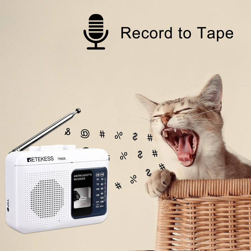  [AUSTRALIA] - Retekess TR606 Portable Cassette Players Recorders, AM FM Radio Tape Player, Powered by DC or AA Battery with Recorder and AUX Input (White)