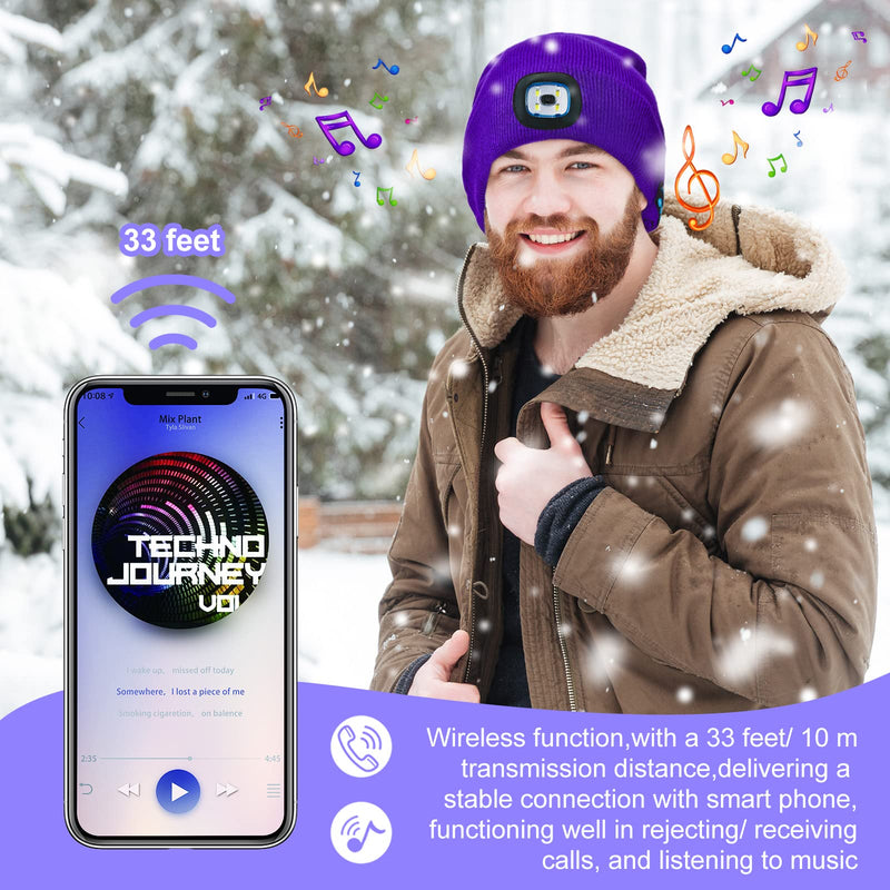  [AUSTRALIA] - 3 Pcs LED USB Rechargeable Music Winter Hat Beanie with Headlamp Built in Microphone and Stereo Speaker Hat with USB Cables Black, Coffee, Purple