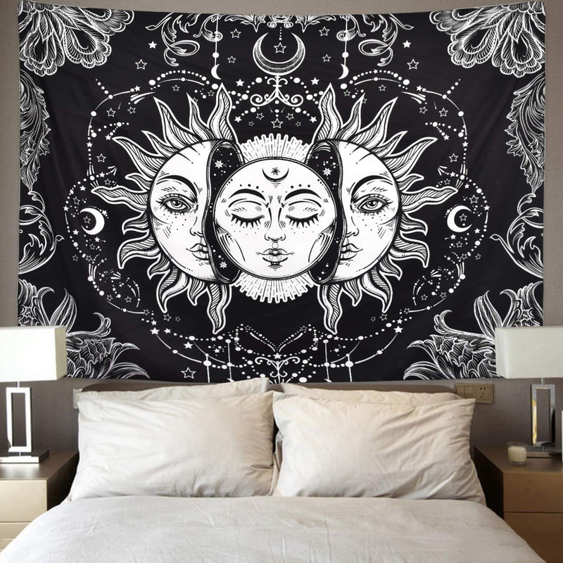  [AUSTRALIA] - Sun and Moon Tapestry Black and White Burning Sun with Stars Tapestry Psychedelic Tapestry Indian Tapestry for Room 51.2" x 59.1"