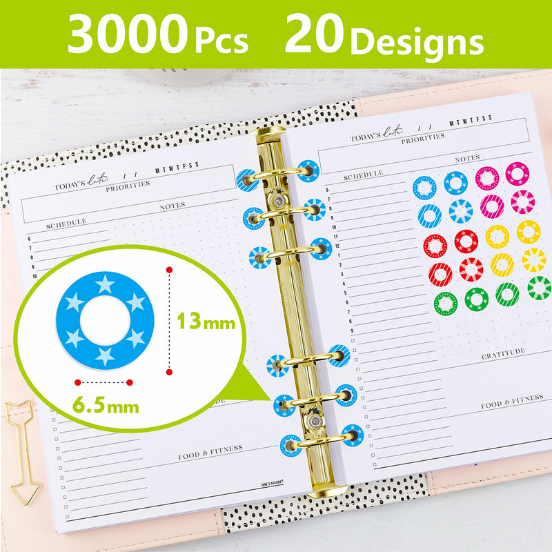  [AUSTRALIA] - 3000 Pack Colorful Hole Punch Reinforcement Sticker Labels, Tear Resistant Plastic Circles Hole Protectors for Loose-Leaf Paper Sheets, 20 Donut Designs(Outer 0.5”, Inner 0.25”)