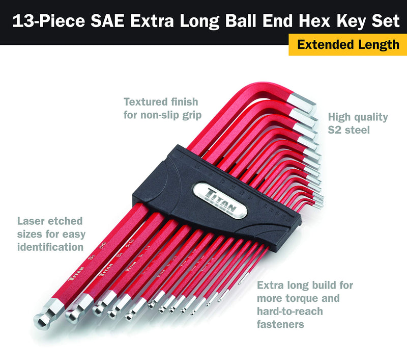  [AUSTRALIA] - Titan 12713 13-Piece SAE Extra Long Ball End Hex Key Set SAE Ball End