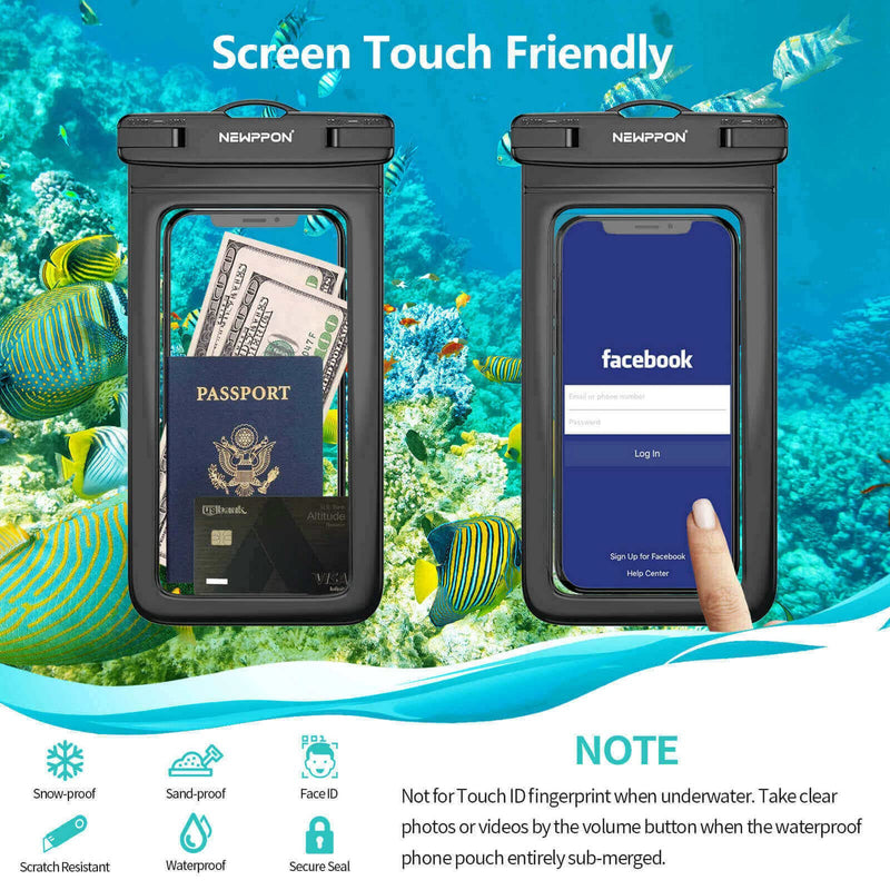  [AUSTRALIA] - Newppon Waterproof Cell Phone Pouch : 2 Pack Water Proof Dry Bag Case with Neck Lanyard - Underwater Universal Clear Cellphone Holder Large Protector for iPhone Samsung Galaxy for Beach Pool Swimming Black & Black