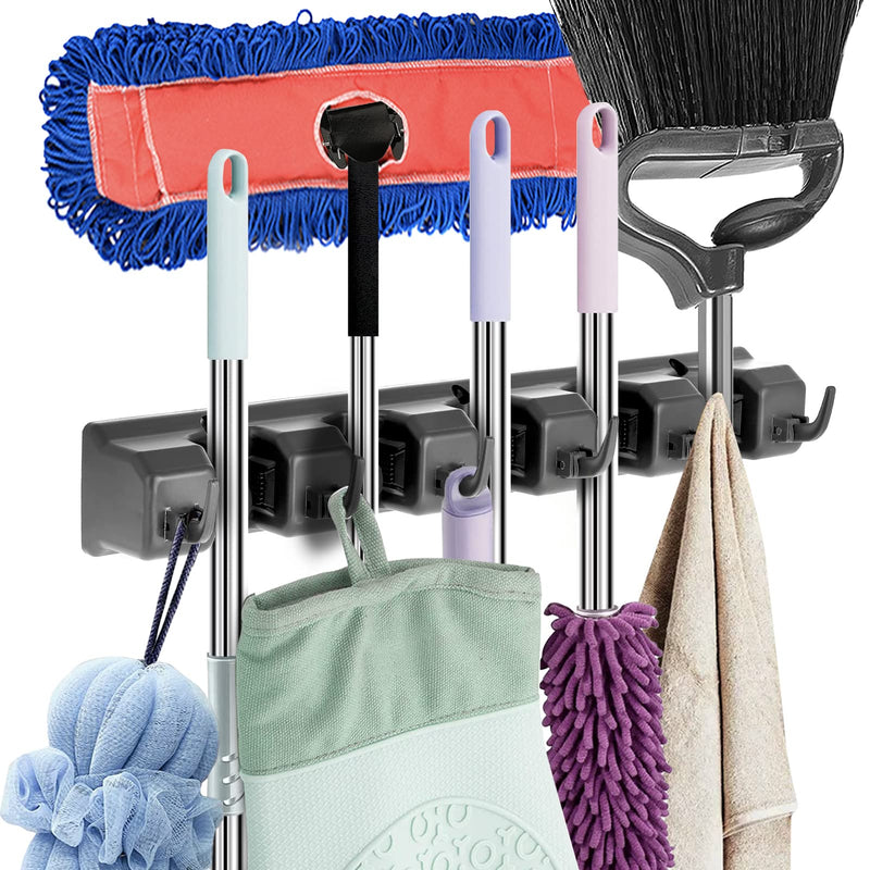  [AUSTRALIA] - Alpine Mop And Broom Holder Wall Mount – Durable Holders For Garden Tools Broom Rake Gripper With 5 Slots & 6 Hooks - A Home Organization Must Haves