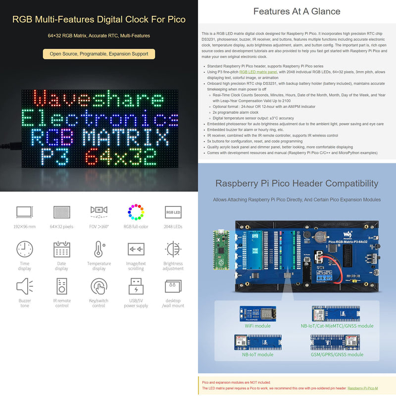  [AUSTRALIA] - Waveshare RGB Full-Color Multi-Features Digital Clock for Raspberry Pi Pico 64×32 RGB Matrix Accurate RTC Multiple Functions Like time/Date/Temperature Display etc.