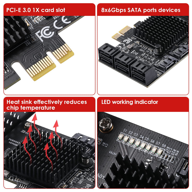  [AUSTRALIA] - MZHOU PCIe SATA Card 8 Port with 8 SATA Cables and Low Profile Bracket, 6Gbps SATA 3.0 PCIe Card,Support 8-Port SATA PCI-E 3.0 GEN3 Devices 8port SATA 1x（ASM1064）