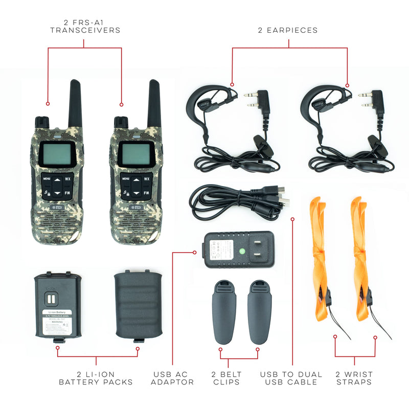  [AUSTRALIA] - BTECH FRS-A1 2 Pack FRS CAMO Walkie Talkies, NOAA, High Output Two-Way Radio. USB-C Charging, Built in Flashlight, FM Radio, NOAA, and More