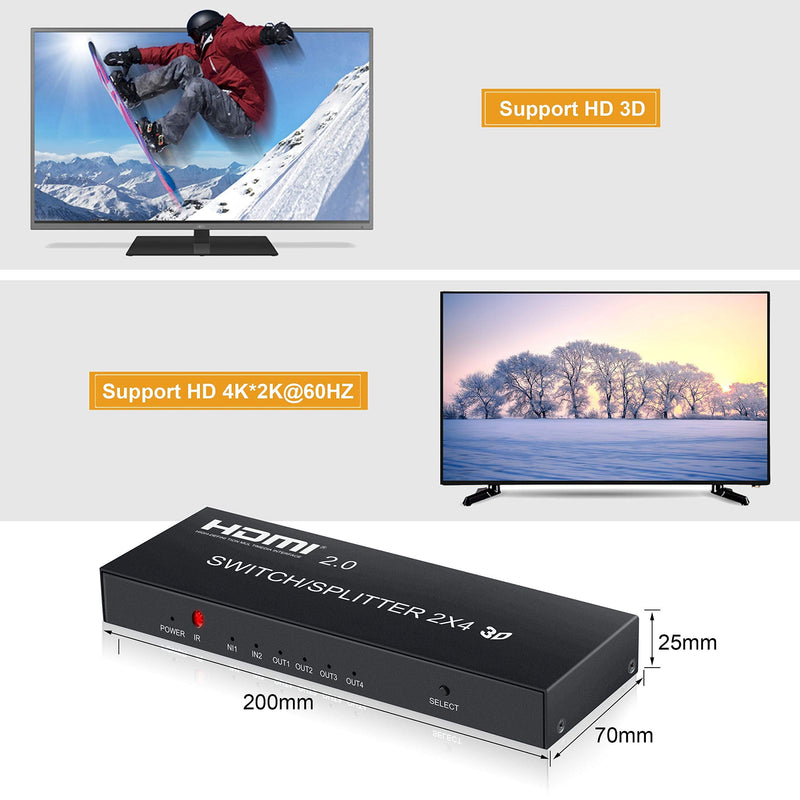  [AUSTRALIA] - 4K@60Hz HDMI Switch Splitter 2 in 4 Out with Remote, avedio links 2x4 HDMI Splitter Switcher 4K with SPDIF & 3.5mm Audio,Support 4K,3D,1080p,HDCP2.2,HDR 10 for PS4,Xbox,Fire Stick,etc