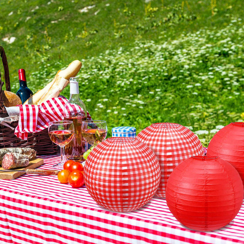  [AUSTRALIA] - Blulu Picnic Party Decorations Paper Lanterns Round Hanging Lanterns Picnic Party Lanterns for Summer Barbecue Birthdays Holidays Picnic Party Supplies (White and Red Plaid, Pure Red, 3 Pieces) White and Red Plaid, Pure Red