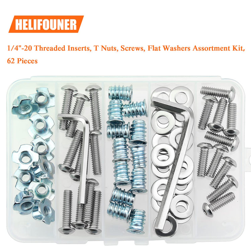  [AUSTRALIA] - HELIFOUNER 1/4"-20 Threaded Inserts for Wood Furniture, T Nuts, 1/4-20 x 3/4", 1" Button Head Socket Cap Screws, Flat Washers Assortment Kit, 62 Pieces 1/4"-20 Kit, 62 Pieces