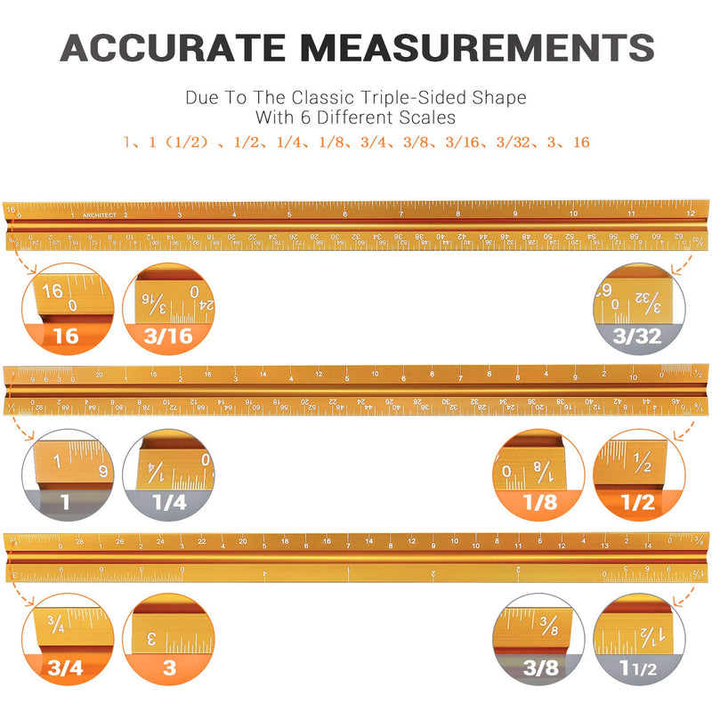  [AUSTRALIA] - 12" Architectural Scale Ruler Aluminum Architect Scale Triangular Scale Ruler for Architects, Draftsman, Students and Engineers, Golden