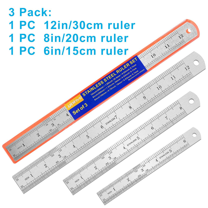  [AUSTRALIA] - 3PCS Stainless Steel Ruler, Metal Ruler Set ( 6 8 12 inch), Steel Ruler with Inch and Metric, Machinist Ruler, Metric Ruler, Imperial Ruler, for School, Office, Home, Engineer, Craft