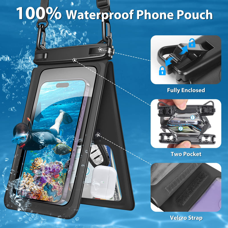  [AUSTRALIA] - SHANSHUI Waterproof Phone Pouch, 2 PCS Double Space Large Wateterproof Phone Bag Holder with Crossbody Lanyard Compatible for iPhone and All Smartphones Premium TPU Dry Bag for Vacation - Black Black x2 (floating)