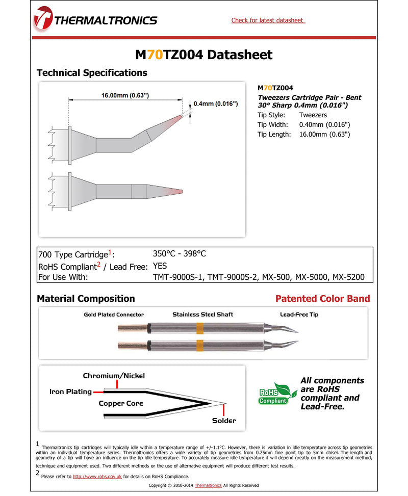  [AUSTRALIA] - Thermaltronics M70TZ004 Tweezers Cartridge Pair - Bent 30deg Sharp 0.4mm (0.016in)