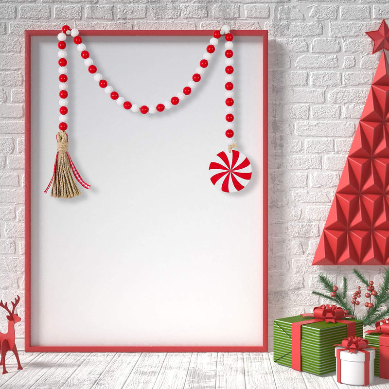  [AUSTRALIA] - Christmas Wooden Bead Wreath with Tassels, Decorated with Candy Pendant, Wood Bead Garland Wreath for Christmas Decorations, Farmhouse Wall Hanging Ornaments
