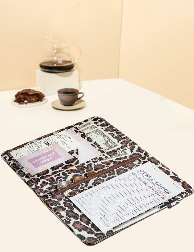  [AUSTRALIA] - Zreal Server Book for Waitress, 5 X 9 Leopard Serving Books with Zipper Pouch, Magnetic Closure Pocket with High Volume, Cute Waitress Book Organizer with Money Pocket Fit Server Apron (Light Leopard) Light Leopard