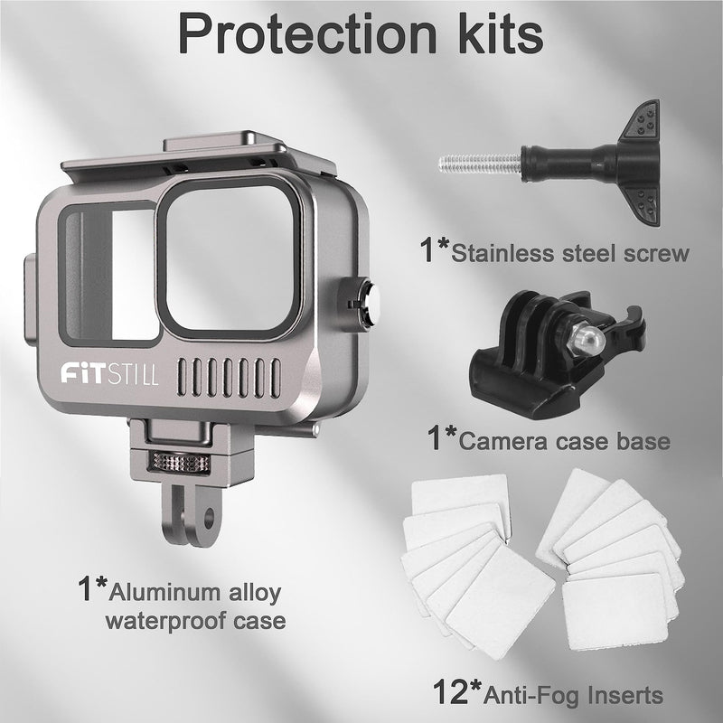  [AUSTRALIA] - FitStill 60M Aluminum Alloy Waterproof Case for Go Pro Hero11/ Hero10/ Hero9 Black, Protective Underwater with Bracket Accessories for Go Pro Hero 11/10/9 Black Action Camera