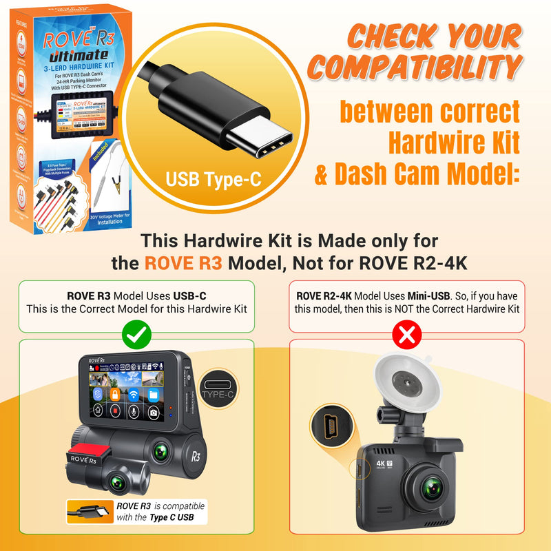  [AUSTRALIA] - Dash Cam Hardwire Kit, USB Type C, for ROVE R3 Touch Screen 3 Channel Dash Camera