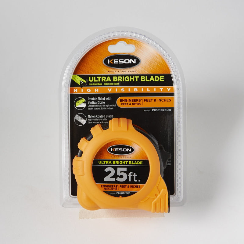  [AUSTRALIA] - Keson PG181025UB Short Tape Measure with Nylon Coated Ultra Bright Steel Blade (Graduations: 1/10, 1/100 & ft, in, 1/8), 1-Inch by 25-Foot ft, in, 1/10, 1/100 & ft, in, 1/8, 1/16